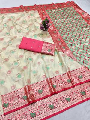 Cream zari woven silk traditional saree with blouse piece 1