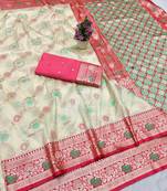 Cream zari woven banarasi silk traditional saree with blouse piece