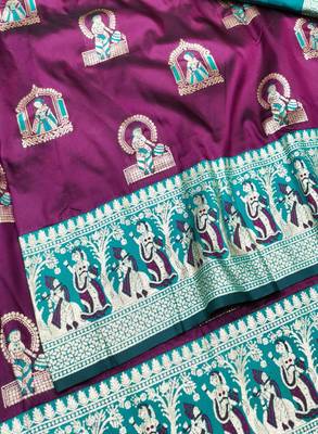 Wine zari woven baluchari silk traditional saree with blouse piece 2