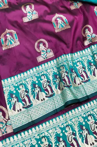 Wine zari woven baluchari silk traditional saree with blouse piece