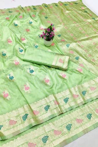 Light green zari woven silk traditional saree with blouse piece