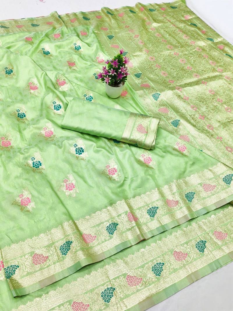 Light green zari woven banarasi silk traditional saree with blouse piece
