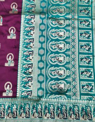 Wine zari woven baluchari silk traditional saree with blouse piece 4