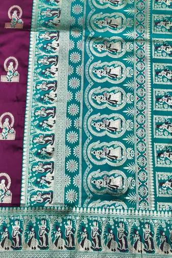 Wine zari woven baluchari silk traditional saree with blouse piece