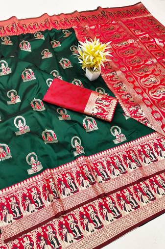 Green zari woven baluchari silk traditional saree with blouse piece