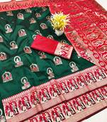 Green zari woven baluchari silk traditional saree with blouse piece