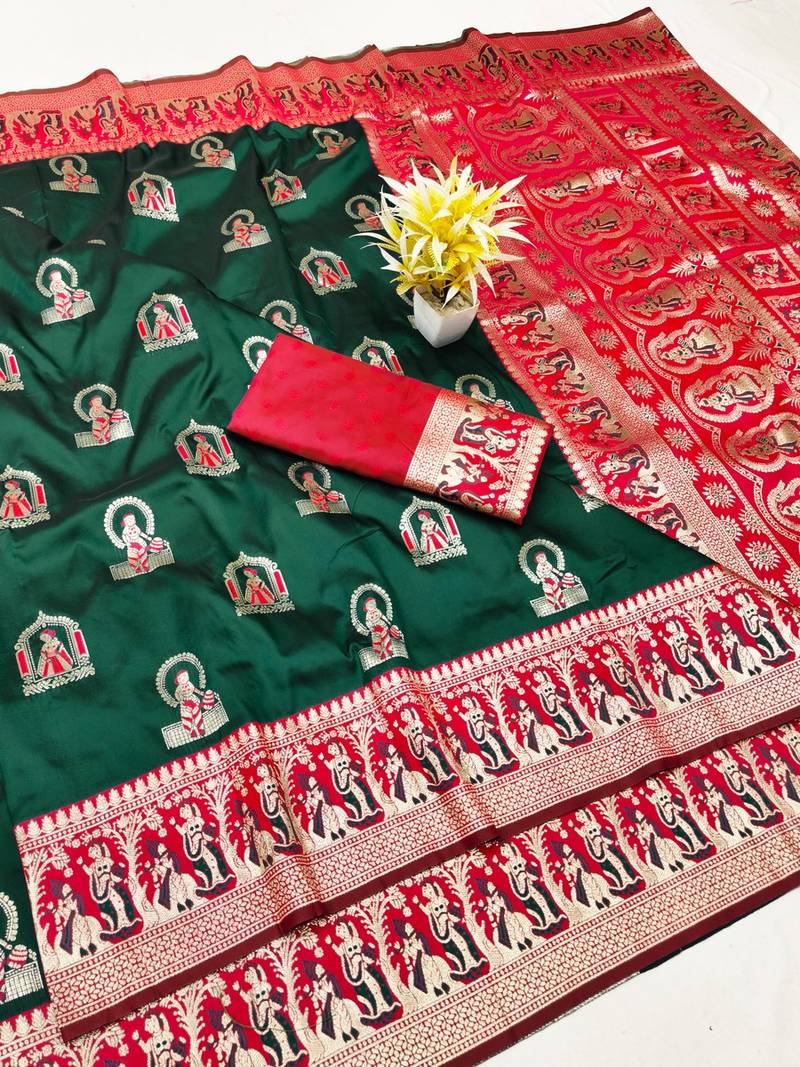 Green zari woven baluchari silk traditional saree with blouse piece