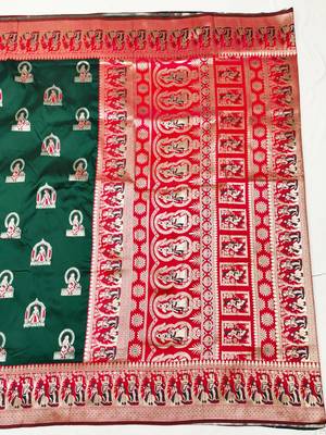 Green zari woven baluchari silk traditional saree with blouse piece 2