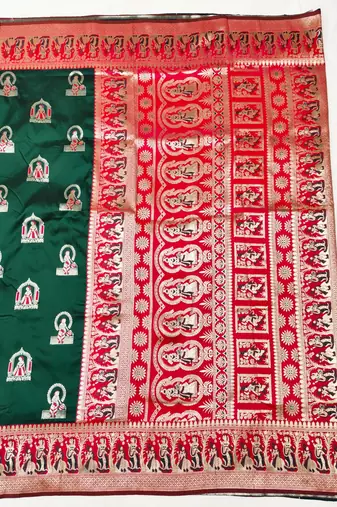 Green zari woven baluchari silk traditional saree with blouse piece