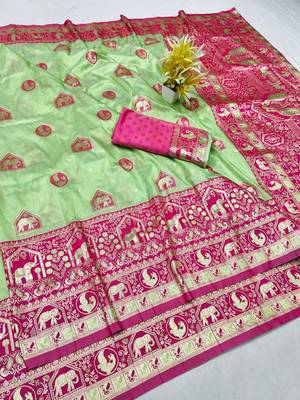 Light green zari woven silk traditional saree with blouse piece 1