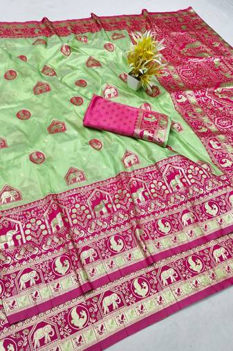 Light green zari woven silk traditional saree with blouse piece