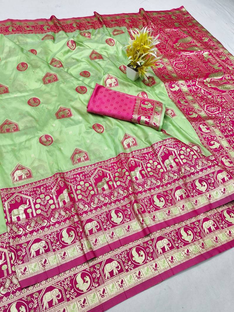 Light green zari woven banarasi silk traditional saree with blouse piece
