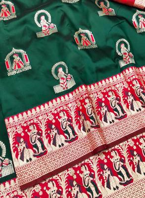 Green zari woven baluchari silk traditional saree with blouse piece 3