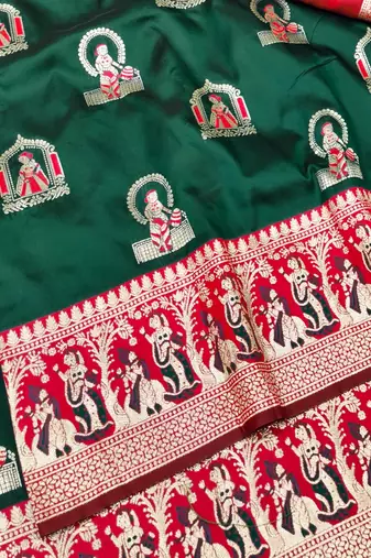 Green zari woven baluchari silk traditional saree with blouse piece