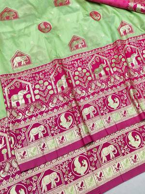 Light green zari woven silk traditional saree with blouse piece 3