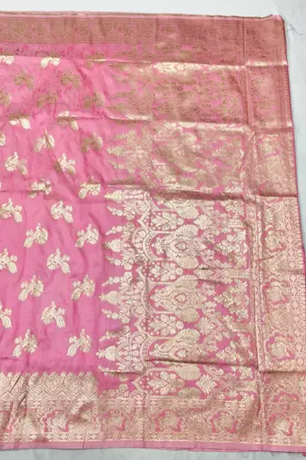 Pink zari woven banarasi silk traditional saree with blouse piece