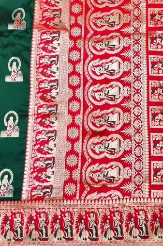 Green zari woven baluchari silk traditional saree with blouse piece