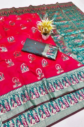 Rani zari woven baluchari silk traditional saree with blouse piece
