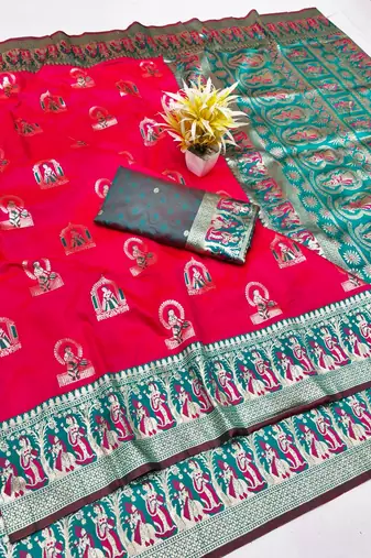 Rani zari woven baluchari silk traditional saree with blouse piece