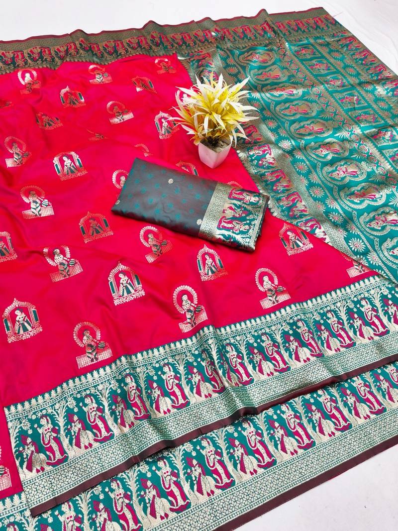 Rani zari woven baluchari silk traditional saree with blouse piece
