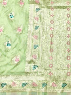 Light green zari woven silk traditional saree with blouse piece 5