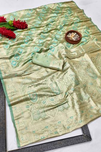 Green zari woven satin silk traditional saree with blouse piece