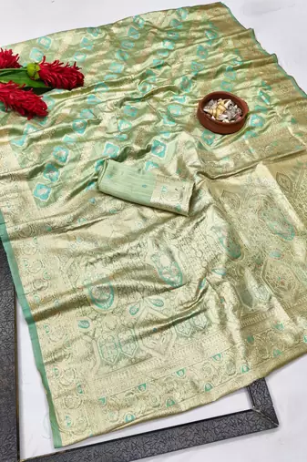 Green zari woven satin silk traditional saree with blouse piece