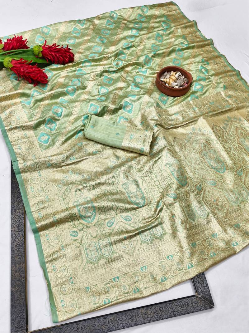 Green zari woven banarasi satin silk traditional saree with blouse piece