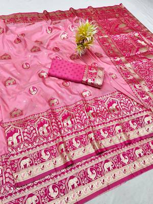Pink zari woven silk traditional saree with blouse piece 1