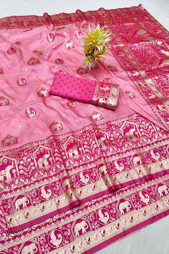 Pink zari woven banarasi silk traditional saree with blouse piece