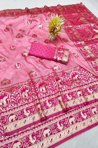 Pink zari woven silk traditional saree with blouse piece