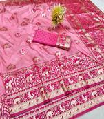 Pink zari woven banarasi silk traditional saree with blouse piece