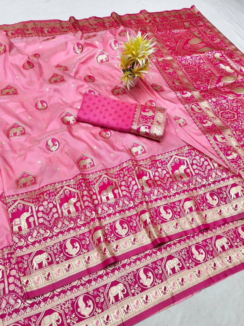 Pink zari woven banarasi silk traditional saree with blouse piece