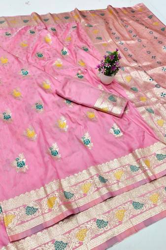 Pink zari woven silk traditional saree with blouse piece