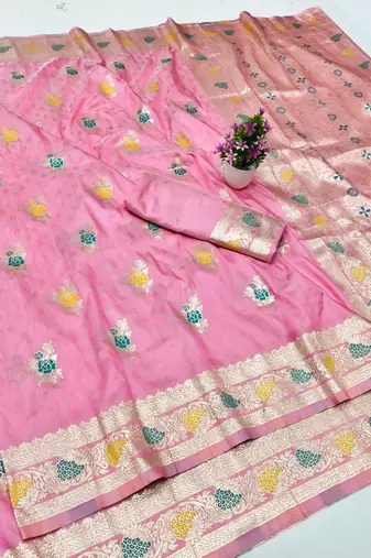 Pink zari woven silk traditional saree with blouse piece