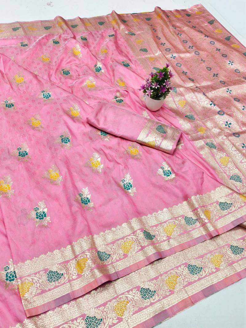 Pink zari woven banarasi silk traditional saree with blouse piece