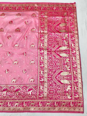 Pink zari woven silk traditional saree with blouse piece 2