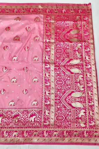 Pink zari woven silk traditional saree with blouse piece