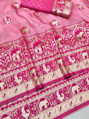 Pink zari woven silk traditional saree with blouse piece 3