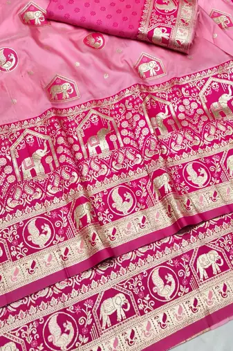 Pink zari woven silk traditional saree with blouse piece