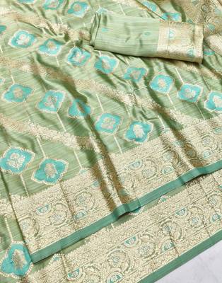 Green zari woven satin silk traditional saree with blouse piece 3