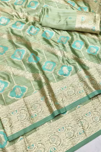 Green zari woven satin silk traditional saree with blouse piece