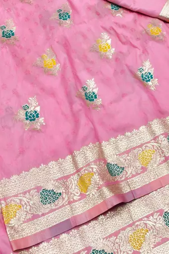 Pink zari woven silk traditional saree with blouse piece