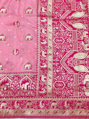 Pink zari woven silk traditional saree with blouse piece 5