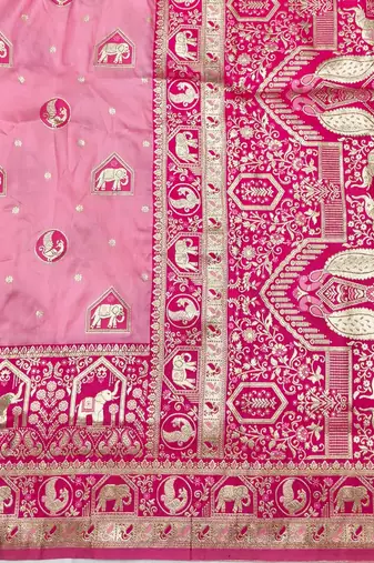 Pink zari woven silk traditional saree with blouse piece