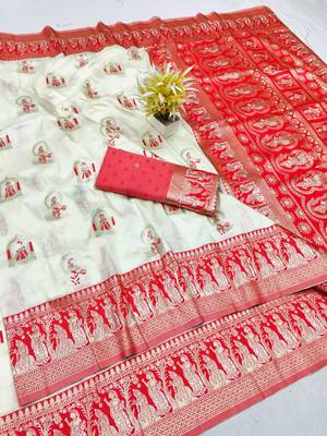 Cream zari woven baluchari silk traditional saree with blouse piece 1