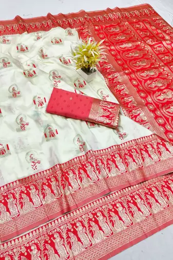 Cream zari woven baluchari silk traditional saree with blouse piece