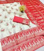 Cream zari woven baluchari silk traditional saree with blouse piece