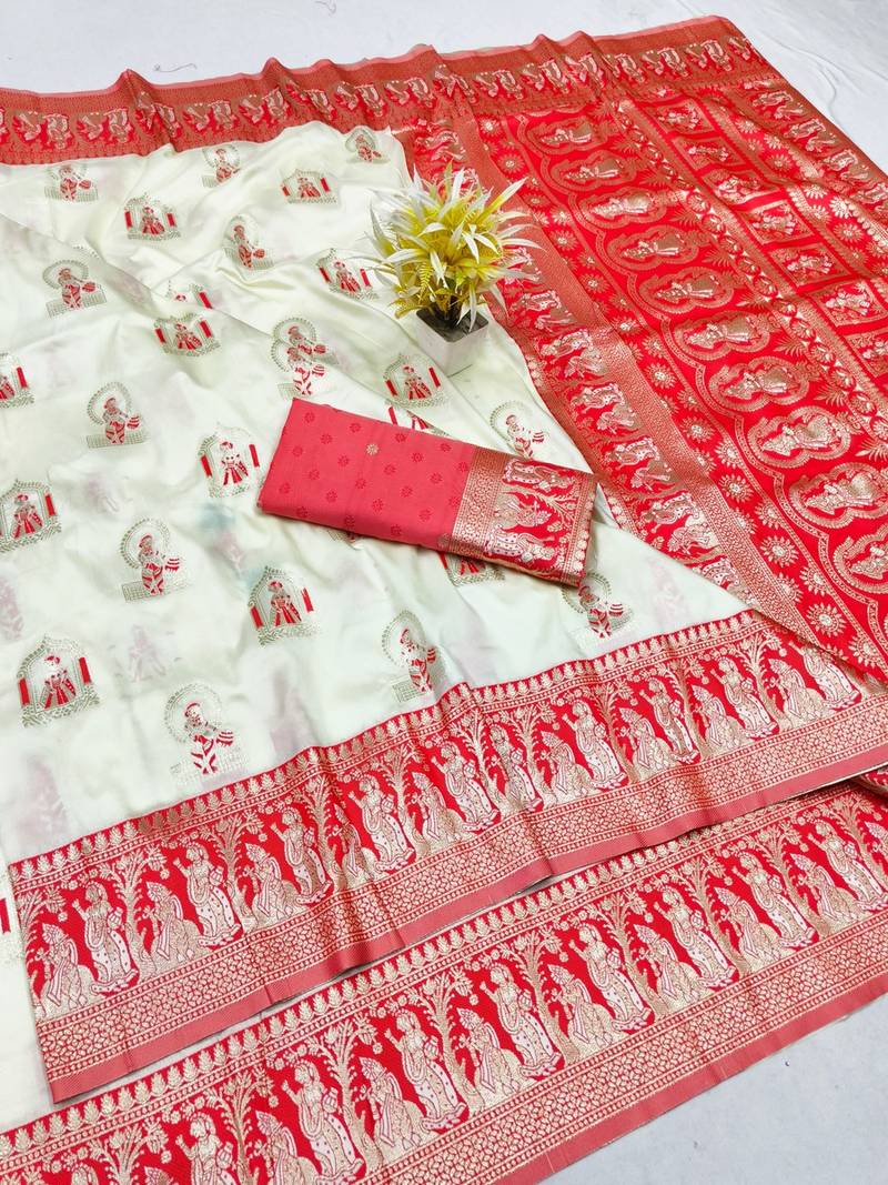 Cream zari woven baluchari silk traditional saree with blouse piece