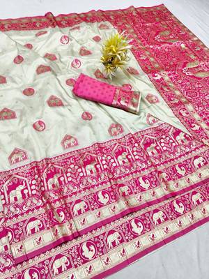 Cream zari woven silk traditional saree with blouse piece 1